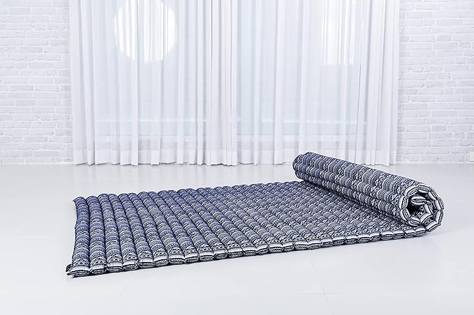 Leewadee - Kapok Roll Mat – Handcrafted Folding Sleep & Relaxation Mattress from Thailand, Ideal as Guest Bed, Camping Mat, Yoga Mat or Traditional Futon, 75 x 39 inches, Blue White
