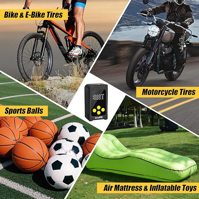 Mini Bike Tire Air Pump,25S Fast Inflate Tire Air Compressor,150PSI Electric Bike Air Pump with Gauge, for Road Bike, Motorcycle, Mountain Bike,Balls