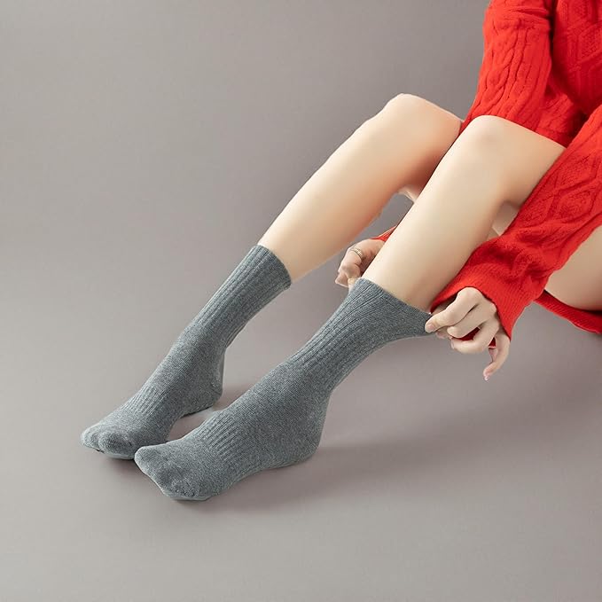 Yoga Pilates Socks with Grips for Women Non Slip Solid Colored Fleece Cushioned Mid Calf Crew Socks for Barre Ballet Dance