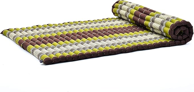 Leewadee - Kapok Roll Mat – Handcrafted Folding Sleep & Relaxation Mattress from Thailand, Ideal as Guest Bed, Camping Mat, Yoga Mat or Traditional Futon, 75 x 39 inches, Brown Green