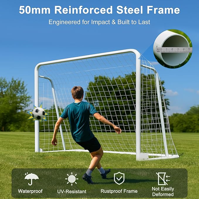MOPHOTO 6x4/8x6/10x6.5/12x6/16x7ft Soccer Goals for Backyard, Foldable Steel Soccer Goal with 6 Cones, Weatherproof Soccer Goal for Teens/Adults Practice Training