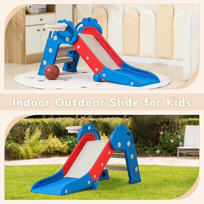 Toddler Slide, Indoor Slide for Toddlers Age 3+, Climber Freestanding Playset with Basketball Hoop, Easy to Store and Set Up, Blue