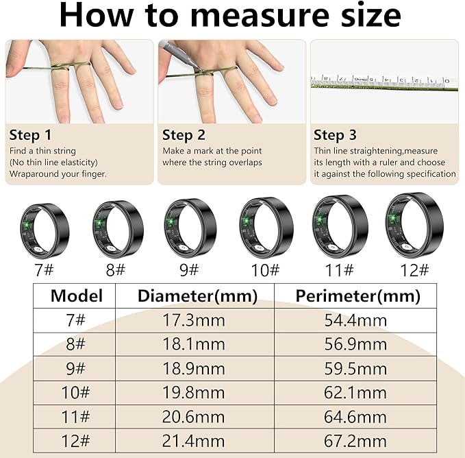 Thin Smart Ring for Fitness & Health Tracking -Pedometer,Sleep/Heart Rate/Blood Oxygen Monitor, Gesture Control / 5ATM Waterproof -No APP Subscription Compatible with Android& iOS (Black, 10)