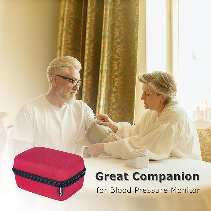 Ginsco Compact Hard Shell Case for Blood Pressure Monitor, Compatible with Omron Bronze/iHealth/Oklar, Portable Carrying Travel Case with Handle, Mesh Pocket for Cuff/Batteries/Charger (Red, M)