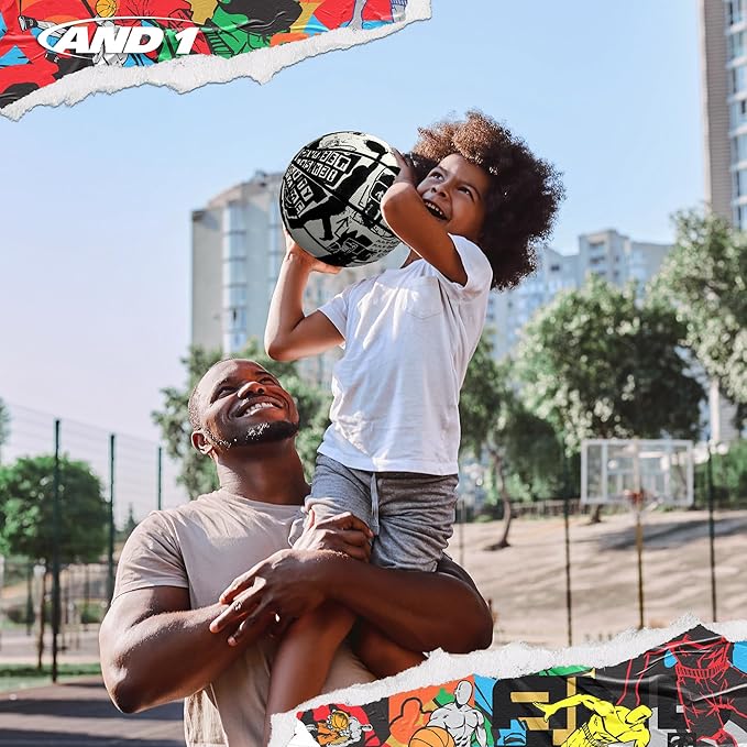 AND1 Street Art 27.5 Basketball : Youth Sized Rubber Streetball for Indoor and Outdoor Use, Deep Channel Construction and Durability, Ideal for Boys and Girls Ages 9-11, Includes 10” Pump