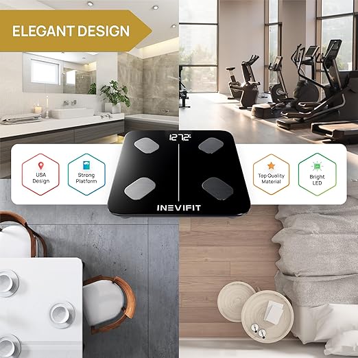 INEVIFIT Smart Body Fat Scale, Highly Accurate Bluetooth Digital Bathroom Body Composition Analyzer, Measures Weight, Body Fat, Water, Muscle, Visceral Fat & Bone Mass for Unlimited Users (Eco-Blk)