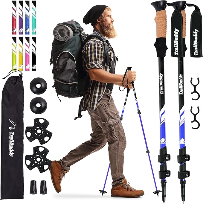 TrailBuddy Trekking Poles - Lightweight, Collapsible Hiking Poles for Snowshoe & Backpacking Gear - Pair of 2 Walking Sticks for Hiking, 7075 Aluminum with Cork Grip