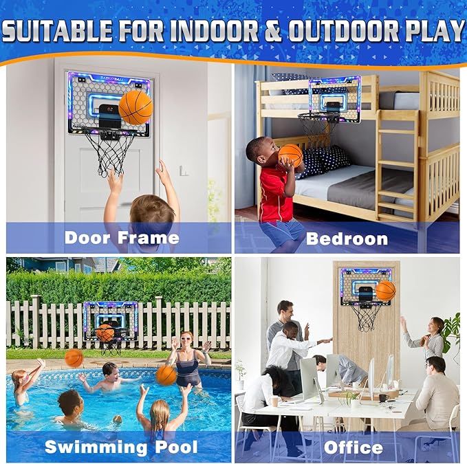 Mini Basketball Hoop Indoor with Scorer and Batteries, Indoor Basketball Hoop Over The Door with Colorful LED Lighting, Toy Basketball Set for Boys Girls Age 3 4 5 6 7 8