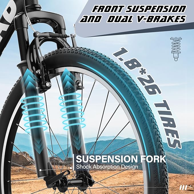 Betterland 26 Inch Mountain Bike, Adult Bike with Dual V Brakes, High Carbon Steel Frame,Front Suspension, with Adjustable Ergonomic Seat Bicycle (X5 Black)