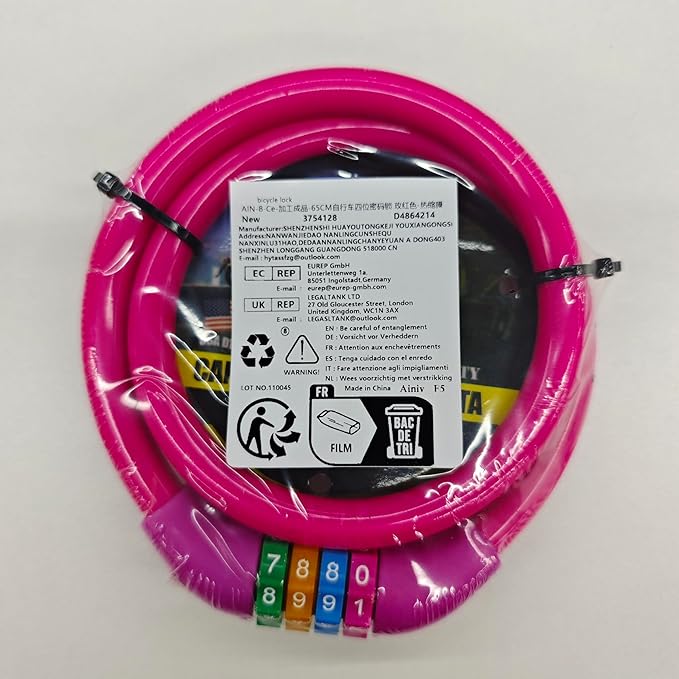 25 Inch Bike Lock Cable, Portable Anti Theft 4 Digits Codes Cable Locks, Resettable Combinations Coiling Bicycle Lock for Bike, Motorbike, Scooter, Skateboard, Gate, Fence (Pink)