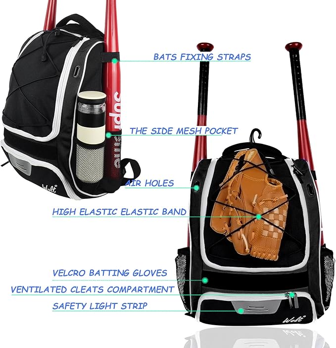 WOLT Youth Baseball Bag - Bat Backpack for Baseball, T-Ball & Softball Equipment & Gear, Bat & Glove Holder, Large Main Compartment for Helmet & accessories, Separate Shoes Compartment, Fence Hook