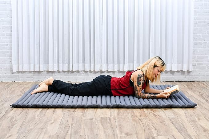 Leewadee - Kapok Roll Mat – Handcrafted Folding Sleep & Relaxation Mattress from Thailand, Ideal as Guest Bed, Camping Mat, Yoga Mat or Traditional Futon, 75 x 39 inches, Anthracite
