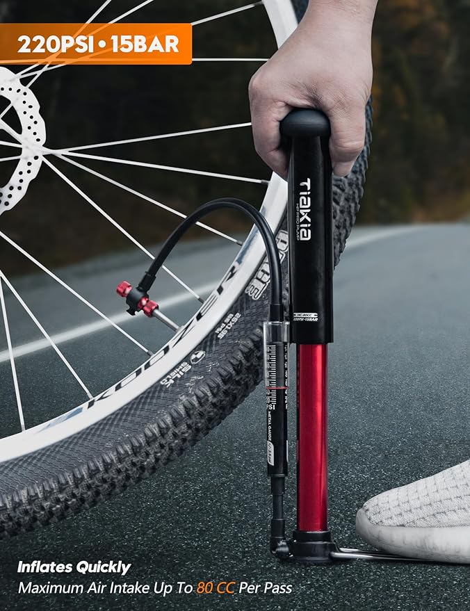 Tiakia Bike Pump with Gauge, High Pressure Bicycle Pump High Volume Portable Hand Air Pump Fit Presta, Schrader Valves Aluminum Bike Tire Pump for Mountain Road Bike, Strollers, Balls