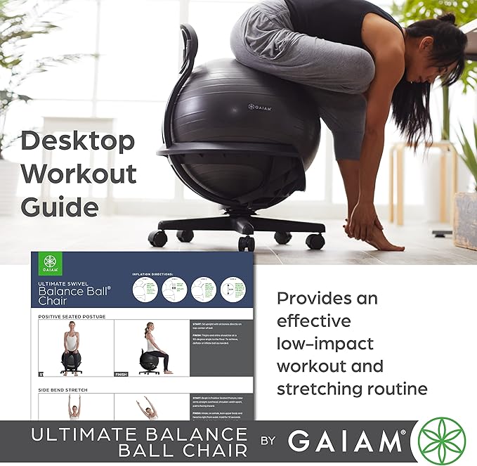 Gaiam Ultimate Balance Ball Chair (Standard or Swivel Base Option) - Premium Exercise Stability Yoga Ball Ergonomic Chair for Home and Office Desk - 52cm Anti-Burst Ball, Air Pump, Exercise Guide