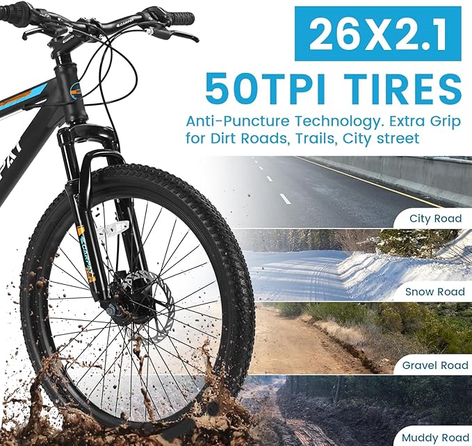 24/26 Inch Mountain Bike, 21 Speed Mountain Bicycle with High Carbon Steel Frame, Dual Disc Brakes and Front Suspension, MTB Bike for Adult Teenagers Boys Girls