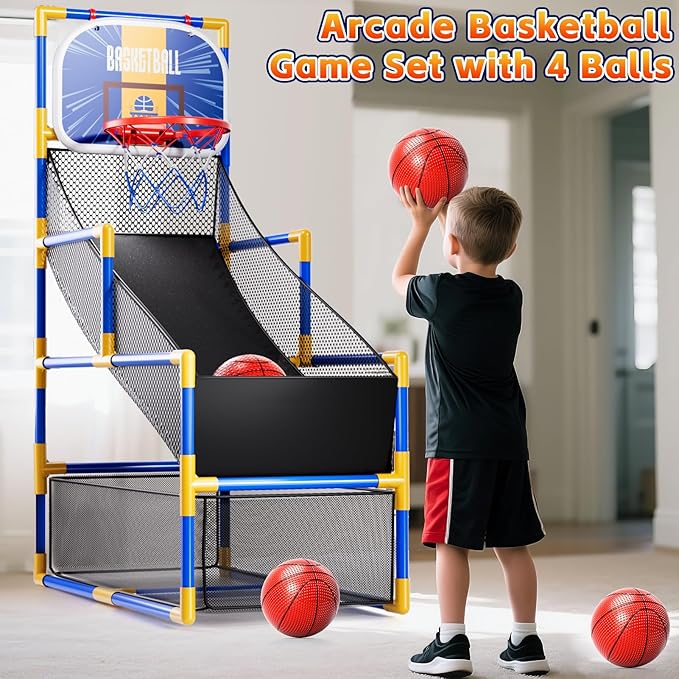 Kids Arcade Basketball Game Set with 4 Balls and Air Pump, Indoor Outdoor Basketball Hoop Sports Toy Gifts for Kids Boys Girls 3-12 Years Old, Ideal for Competition and Carnival Party Games