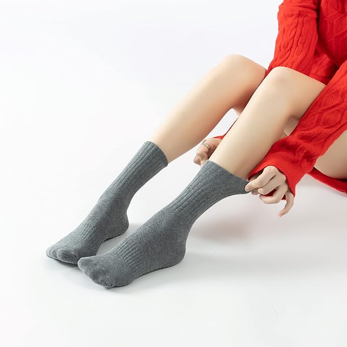 Yoga Pilates Socks with Grips for Women Non Slip Solid Colored Fleece Cushioned Mid Calf Crew Socks for Barre Ballet Dance