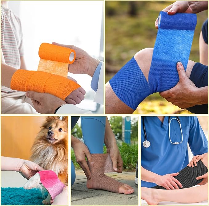 Treela 64 Pack 4" x 5 Yards Self Adhesive Cohesive Bandage Wraps, Elastic Breathable Athletic Tape, Flexible Self Adherent Bandage Rolls for Wrist, Ankle, Fingers, Sports & Pets (Multi Color)