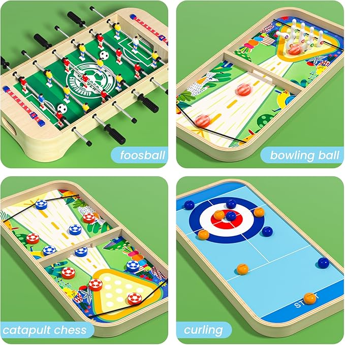 4-in-1 Multifunction Tabletop Football Table- Portable Mini Table Football/Soccer Game Set with Bowling Curling and Fast Sling Puck Game for Adults and Kids