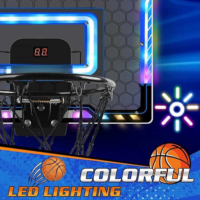 Mini Basketball Hoop Indoor with Scorer and Batteries, Indoor Basketball Hoop Over The Door with Colorful LED Lighting, Toy Basketball Set for Boys Girls Age 3 4 5 6 7 8