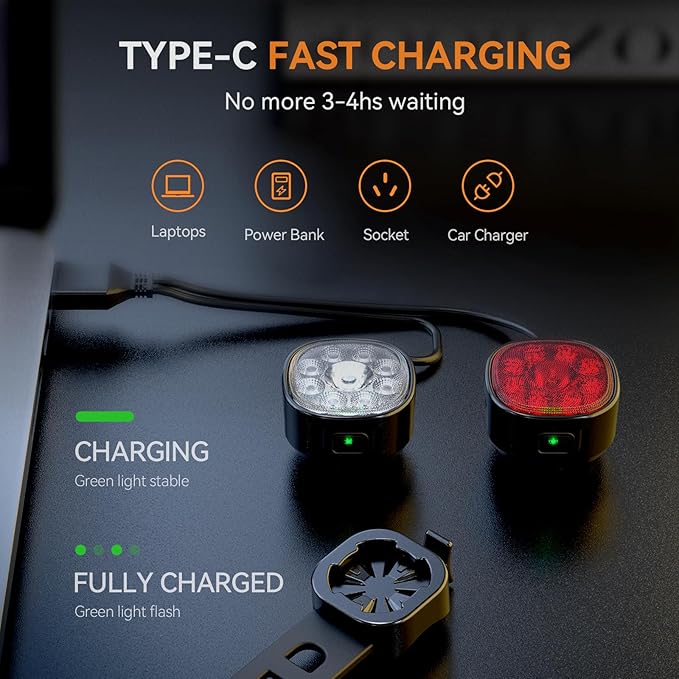 Victagen Bike Lights Kit 9LED Bike Headlights High & Low Beams, Ultra-Light and Bright Bicycle Lights, Waterproof Bike Lights for Night Riding, USB-C Bicycle Front and Rear Lights