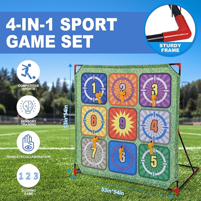 Soccer Games Set, 4-in-1 Carnival Games,-Battle Golf & Bean Bag Toss & Axe Throwing.Family Soccer Game with Various Accessories,Outdoor Games for Kids and Family