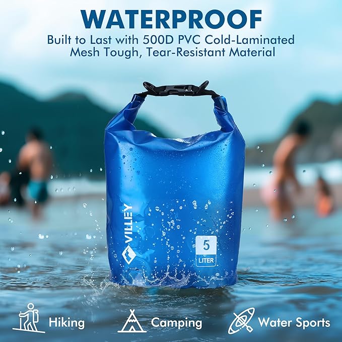 VILLEY Dry Bag Waterproof 5L Roll Top Sack Keeps Gear Dry Lightweight Sack for Kayaking Boating Camping Swimming and Beach Adventures Blue Transparent
