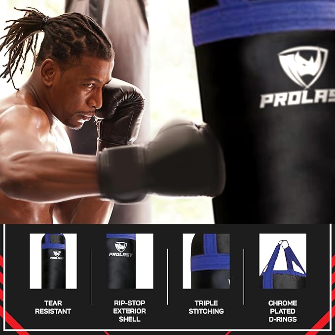 PROLAST Heavy Punching Kicking Bag for Adults, Boxing, MMA, Martial Arts, Muay Thai, Strength Training Equipment, Filled, 6ft, 150 lbs, Colored Trim Strap, Rhino Logo