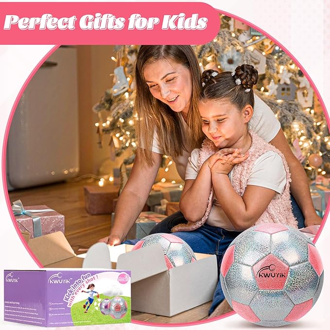 Soccer Ball Size 3 4 5 Glitter Pink Purple Silver with Pump Toddler Soccer Ball for Kids Aged 3-6 6-8 8-12 Outdoor Training Ball for Girls Boys Children Youth Teens