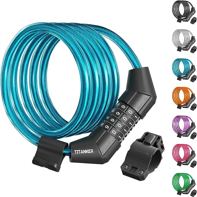 Titanker Bike Lock Cable, 4 Feet Bike Cable Lock Basic Self Coiling Kids Bike Lock Combination with Complimentary Mounting Bracket, 5/16 Inch Diameter (4FT, Blue-8mm)
