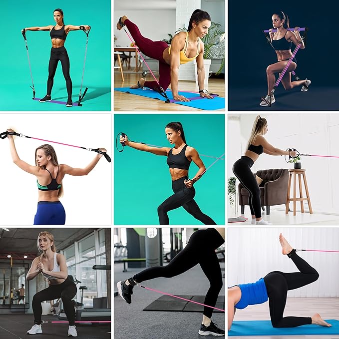 Portable Pilates Bar Kit with Resistance Bands for Men and Women - 3 Set Exercise Resistance Bands - Multifunctional Home Gym - Supports Full-Body Workouts β with Fitness Poster and Video