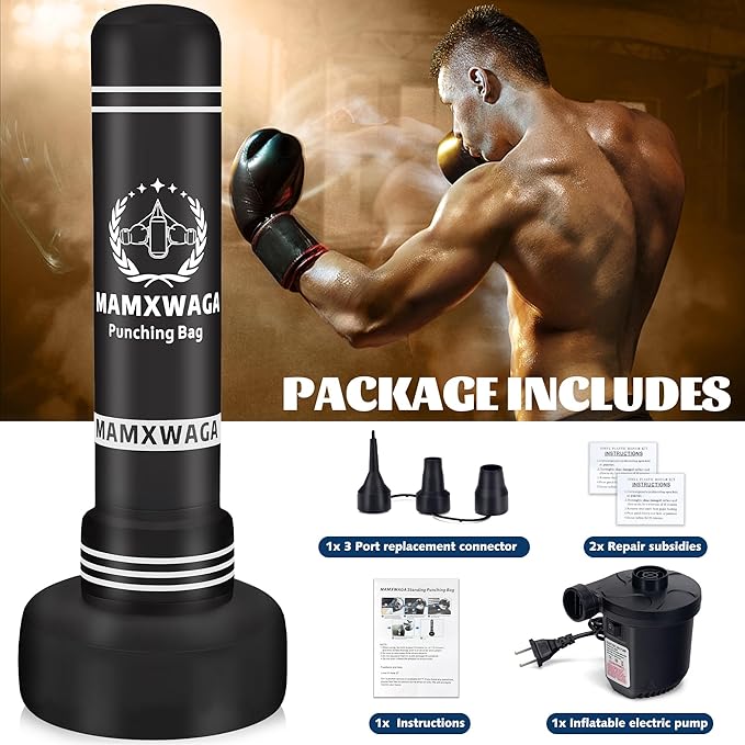 Standing Punching Bag with Stand Adult, 70'' Freestanding Heavy Boxing Bag with Electric Air Pump, Youth Kickboxing Bags Inflatable