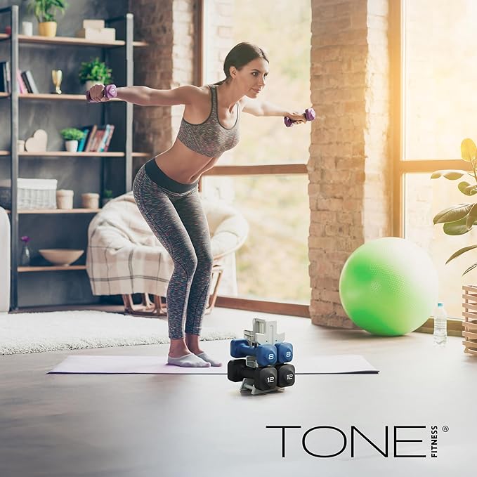 Tone Fitness Neoprene Dumbbell Set with Storage Rack – Non-Slip, Anti-Roll Hand Weights for Home Gym Workouts | 20 lb, 32 lb, & 50 lb Options