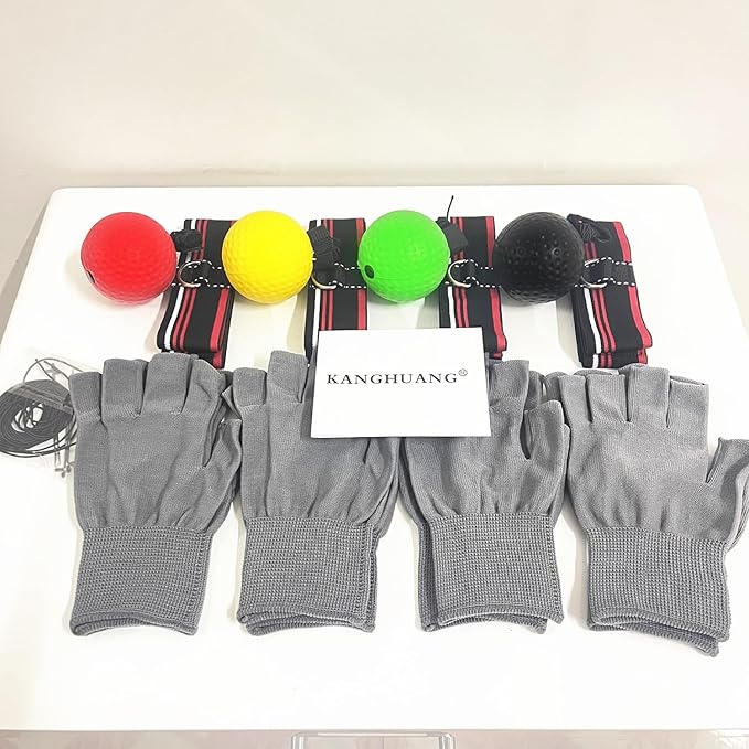 Boxing Ball Headband Set for MMA Boxing Kickboxing Training Reaction Punching Balls Kit Includes 4 PU Balls+4 Elastic Headbands+4 Spare Lines+4 Gloves for All People