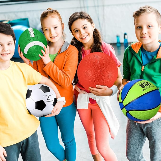 Deekin 4 Pcs Sport Balls Set for Kids Teens, Include Official Size 5 Basketball 4 Soccer 6 Football Playground Ball and Pump Sports Equipment Bag Recess Equipment Sport for Students(Navy Blue, Green)