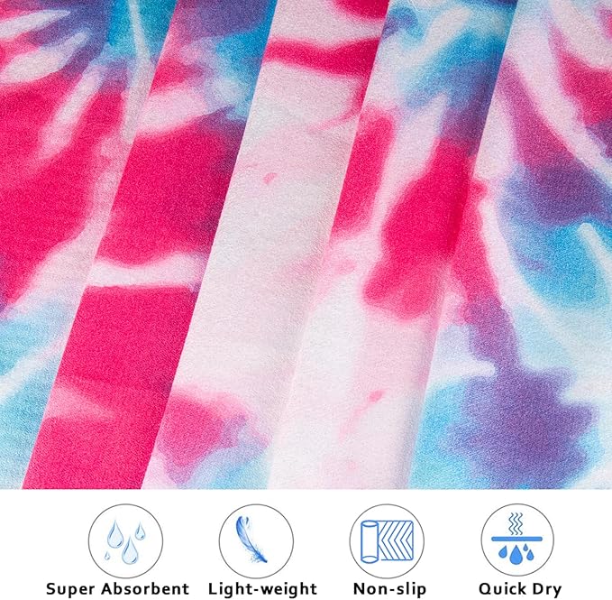 Colorful Star Yoga Towel with Corner Pockets, Non Slip Grip Dots Sweat Absorbent Hot Yoga Mat Towels, Yoga Blankets with Travel Bag, Mat Cover for Workout, Gym, Fitness - 70"x26", Pink Blue Tie-dye
