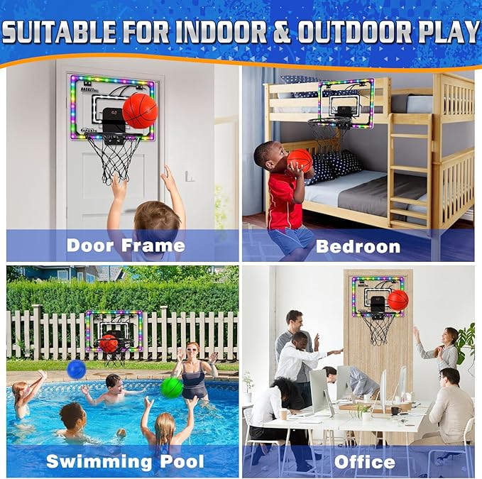 Mini Basketball Hoop Indoor with Scorer and Batteries, Indoor Basketball Hoop Over The Door with Colorful LED Lighting, Toy Basketball Set for Boys Girls Age 3 4 5 6 7 8