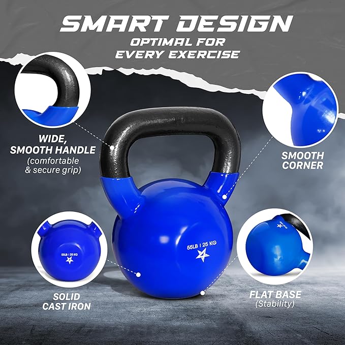 Yes4All Kettlebell, 5-100 LB Vinyl Coated Cast Iron Strength Training Kettlebells for Home Gym Exercises, Fitness, Full Body Workout Equipment, Push Ups, and Grip Strength