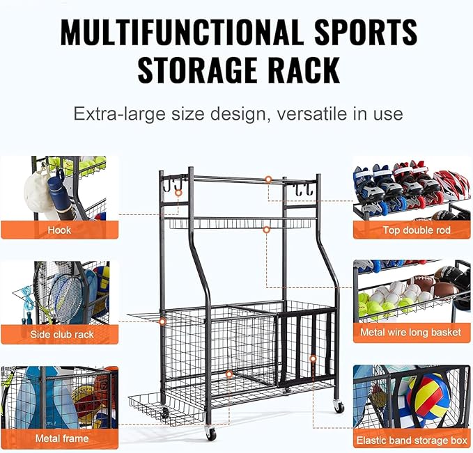 Garage Sports Equipment Organizer, Large Capacity Garage Organizer System with Wheels, with Hooks and Baskets, for Ball Storage,Football,Soccer Ball,Bat, Toys