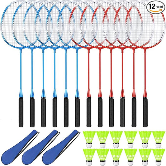 12 Pack Badminton Rackets Set Including Rackets, Nylon Shuttlecocks and Carry Bag for Outdoor Backyard Games Beginners