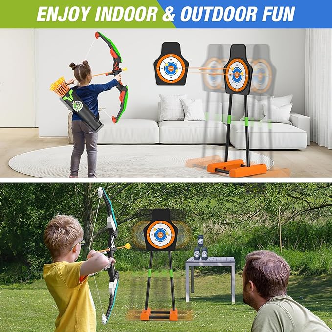 2 Pack Bow and Arrow with Moving Target for Kids, LED Light Up Archery Set with 24 Suction Cup Arrows, 6 Score Targets & 2 Quiver, Indoor Outdoor Sport Gifts for Boys Girls Ages 4-12