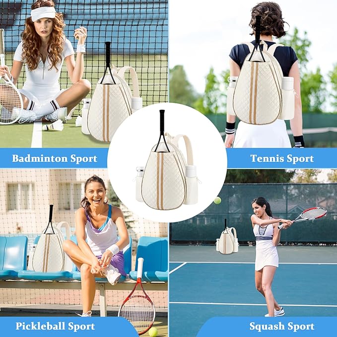 Tennis Bags for Women Quilted Large Tennis Sling Bag Crossbody Backpack Holds 2 Rackets Water Resistant Racket Bag Cover One Shoulder Pickleball Bags for Badminton Racquet Racketball (White)