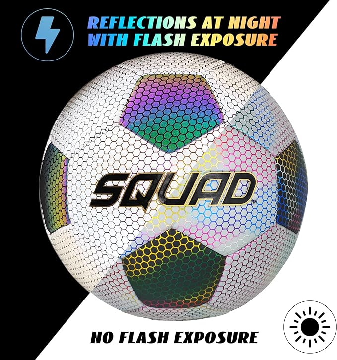SQUAD Holographic Reflective Soccer Ball Size 5 - Reflective Glowing Ball for Night Games & Training - Durable PU Leather and Rubber Airbags - Cool & Unique Gift for Soccer Fans