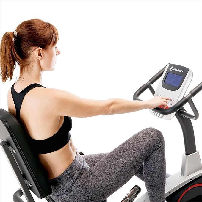 Marcy Regenerating Recumbent Exercise Bike with Adjustable Seat, Pulse Monitor and Transport Wheels ME-706