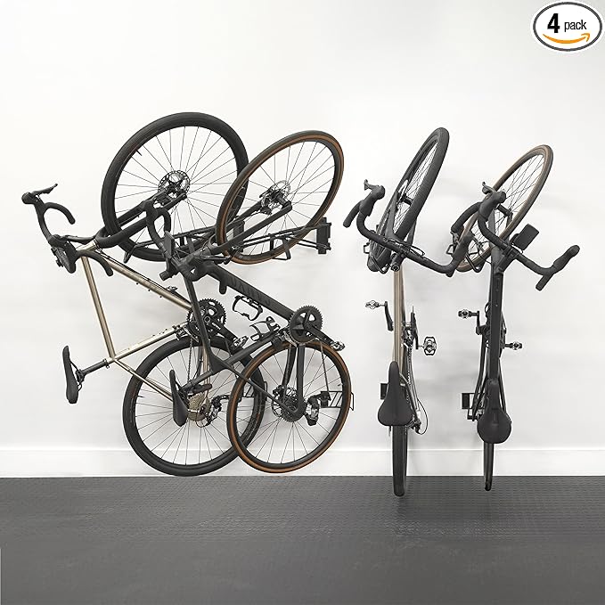 StoreYourBoard SwivelStow Road & Gravel Bike Storage Rack 4 Pack – Heavy Duty Bike Hanger, No-Lift Bike Wall Mount for Garage Bike Storage, Holds 70 lbs, Patent-Pending