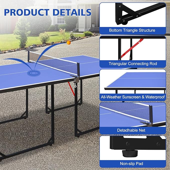 Foldable Ping Pong Table Portable 4.5FT/6 FT/9FT Table Tennis Table Foldable for Indoor Outdoor Games - Quick Assembly