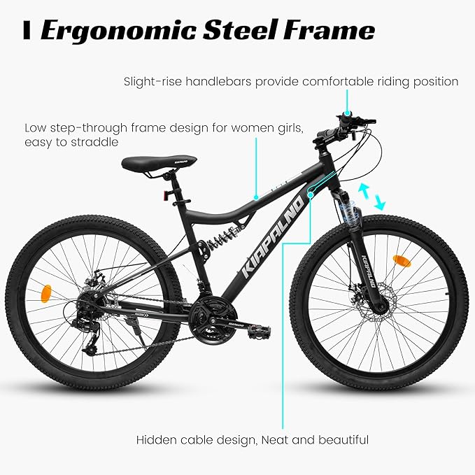 24/26/27.5 Inch Mountain Bike, Dual Full Suspension 21 Speed Womens Mens Mountain Bikes, Commuter Bike with Carbon Steel Frame and Dual Disc Brakes