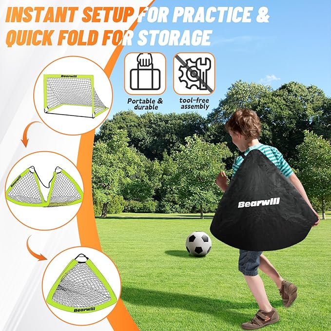 Soccer Goal, Kids Soccer Goals for Backyard Set of 2, 4x3ft Portable Soccer Goal Pop Up Soccer Net, Kids Soccer Net Training Equipment with Soccer Ball, Ladder, Cones, Targets