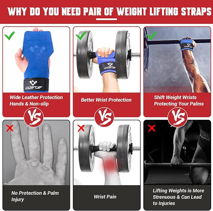 Weight Lifting Wrist Strap, Double Layer Leather Wrist Strap for Deadlift and Powerlifting, Adjustable Neoprene Padded Gym Workout Lifting Hooks (Pair)