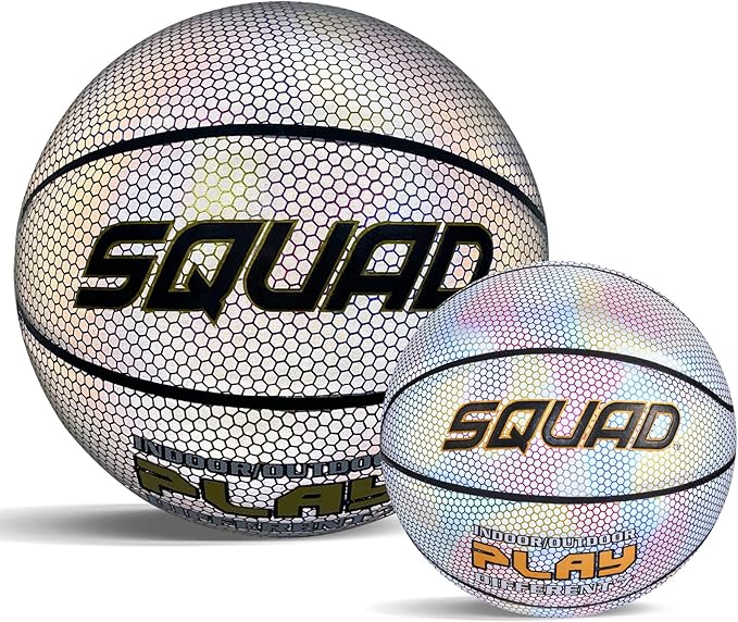 SQUAD NightPlay Reflective Basketball Size 5, Size 7 - Cool Holographic Glow Basketball for Night Game, Ideal Gift for Boys Girls 10-14 Year Old, Cool Teen Toys